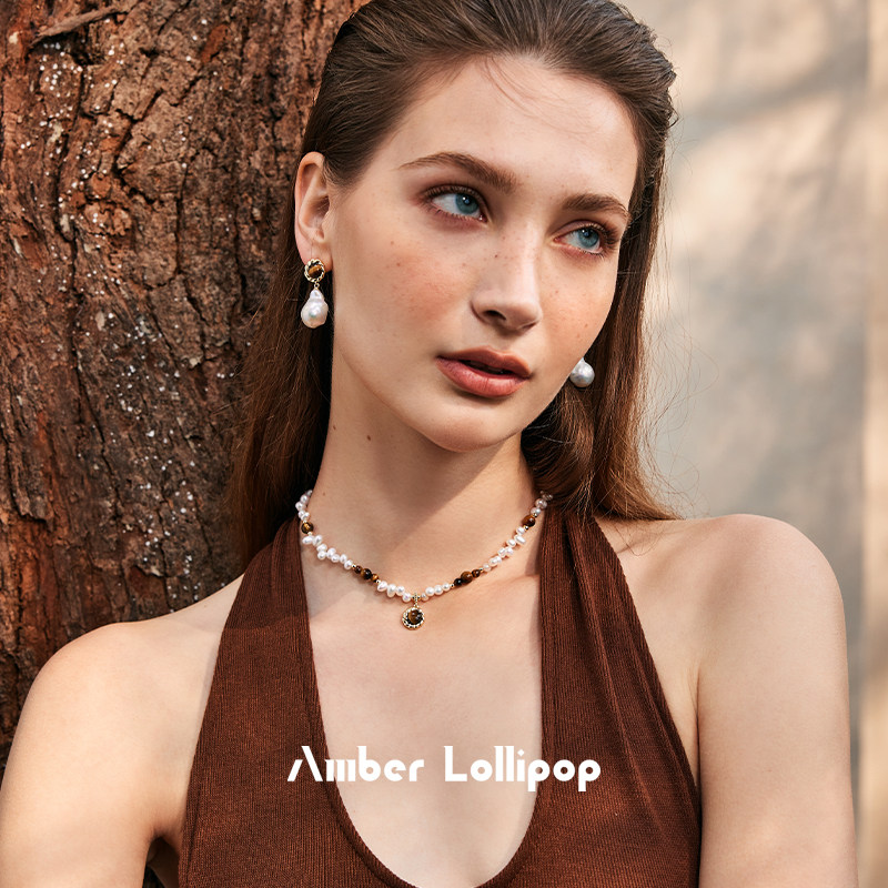 王玉雯同款 AmberLollipop珍珠项链配饰女虎眼石吊坠轻奢锁骨颈链
