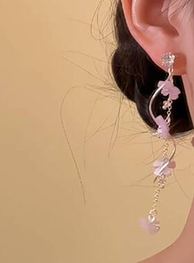 官方正品甜美紫色花朵流苏耳环女2026新款高级感耳钉长款耳坠温柔