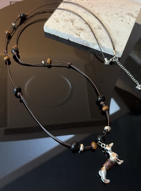 波西米亚风串珠项链金属小狗吊坠长款高级感手工编织毛衣链配饰