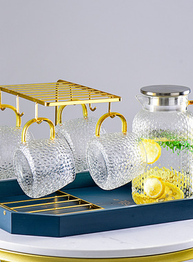团购一壶两杯四杯金边玻璃杯锤纹水壶水杯杯架托盘套装