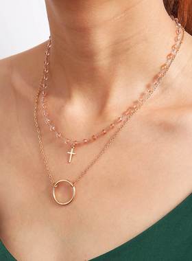 women cross necklace Double simple metal round choker 锁骨链