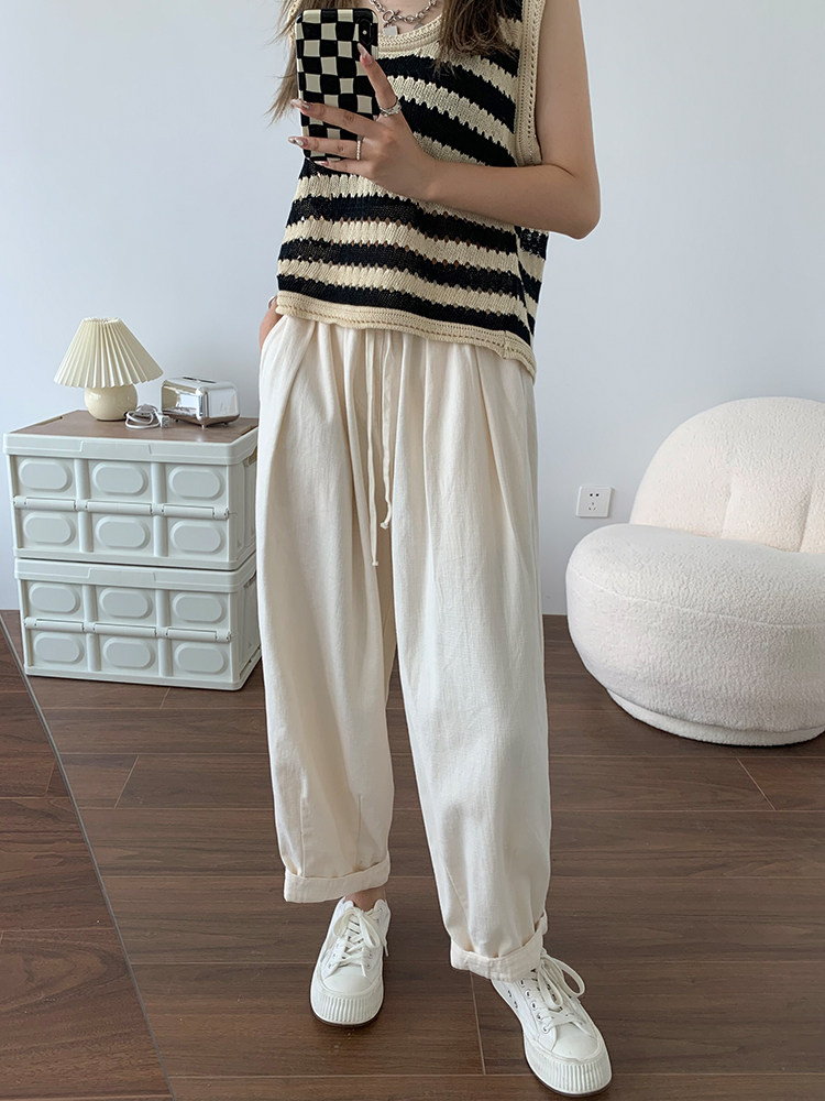 日系棉麻阔腿裤女宽松舒适哈伦萝卜慵懒风高腰奶奶裤白色工装裤秋,淘宝优惠券,粉丝福利购,淘宝优惠卷