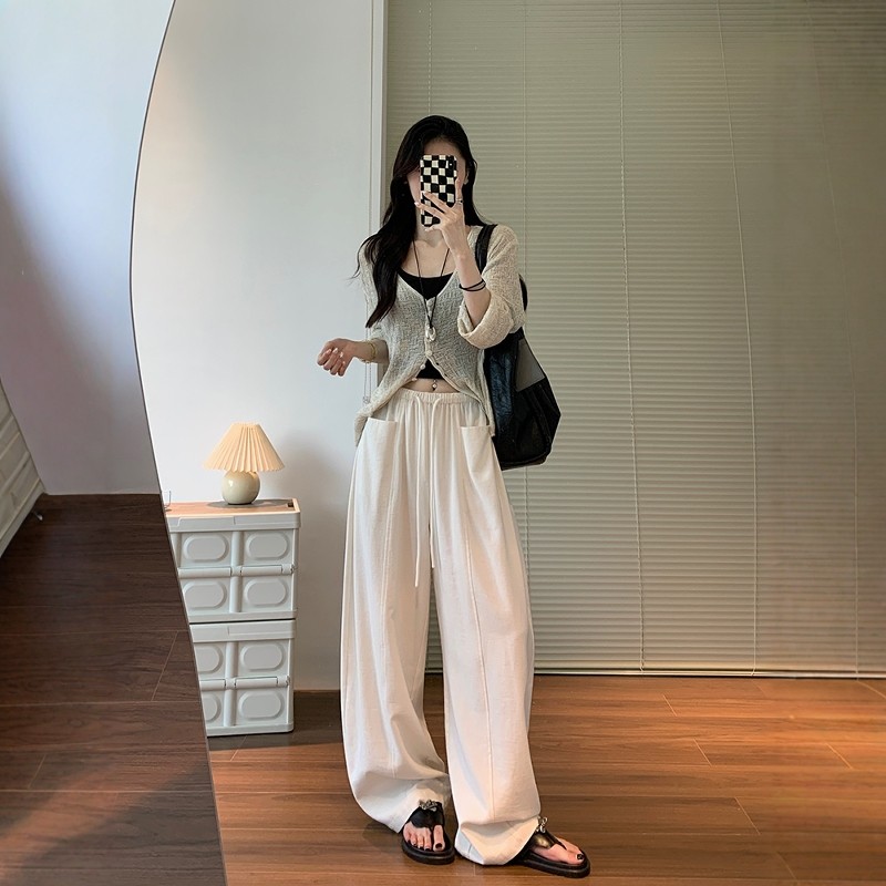 白色弯刀裤女夏凉感天丝亚麻阔腿裤小个子慵懒老钱风棉麻裤子薄款,淘宝优惠券,粉丝福利购,淘宝优惠卷