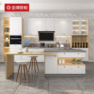 金牌厨柜石英石台面开放式一体灶台抗菌整体厨房橱柜灶台设计定制