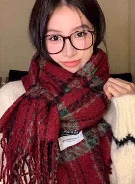红色围巾女冬季韩版格子百搭保暖高级感潮新年礼物圣诞围脖披肩