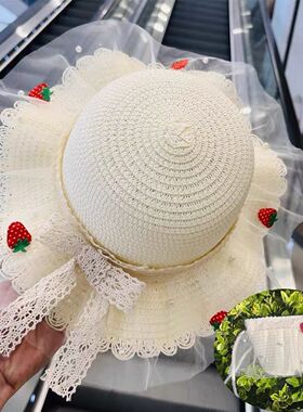 甜美蕾丝珍珠草莓草帽儿童防晒遮阳帽夏季新款女宝海边沙滩太阳帽