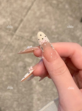 波点蝴蝶结闪钻甜美法式猫眼美甲