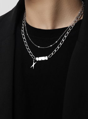 X字母钛钢项链男潮双层叠戴小众设计潮男士吊坠街头个性男生配饰