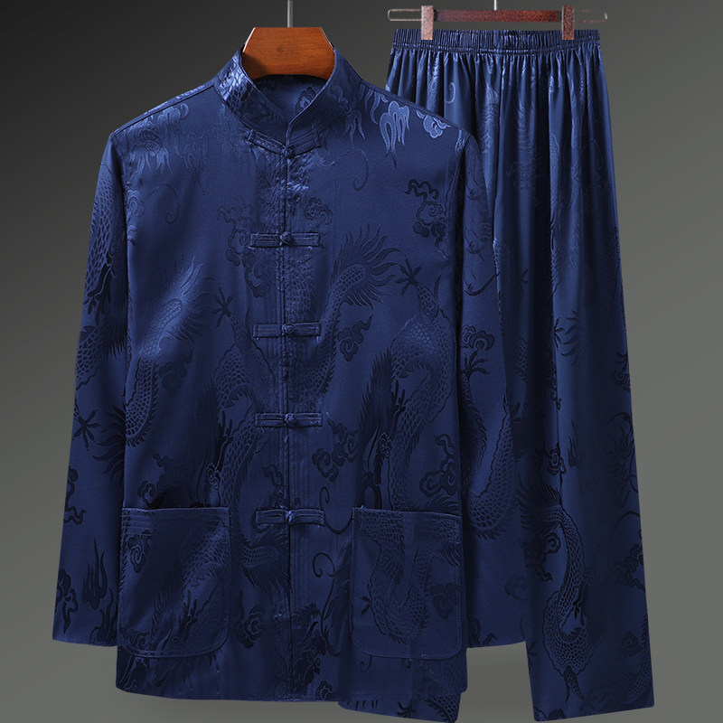 冰丝唐装男长袖薄款中国风爸爸衬衫 唐老头唐装