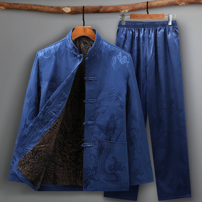 唐装男中老年冬装加绒爸爸棉衣套装 唐老头唐装