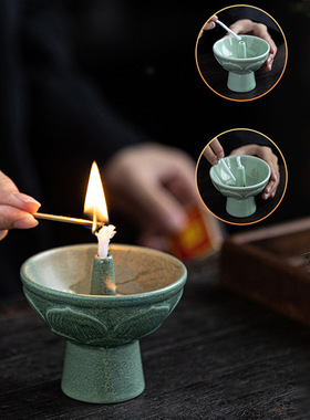 复古莲花烛台陶瓷摆件家居供奉酥油灯佛前长明灯客厅装饰工艺品