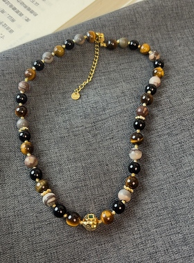 天然虎眼石项链女复古气质混彩珠链轻奢锁骨链高级感