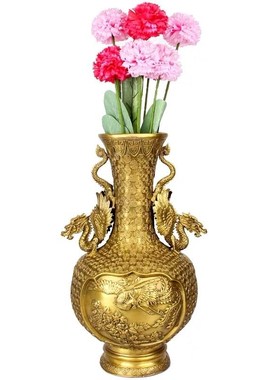 速发铜款龙花瓶摆件 瓶铜龙凤花黄 铜百福花瓶高颜值龙凤款松鹤飞