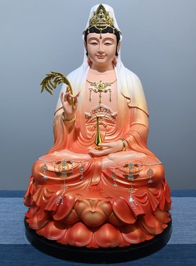 速发观音佛像供奉家用坐莲娑婆三圣菩像树脂彩绘摆件大南海观世音