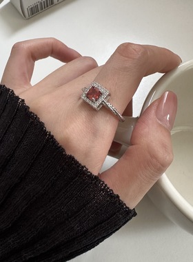 925纯银方形满钻红锆石戒指女轻奢复古小众设计感可调节个性指环