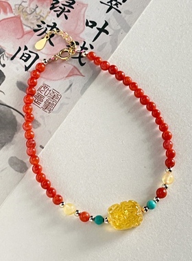 925纯银南红玛瑙蜜蜡貔貅手链女简约小众设计中国风串珠手环手串