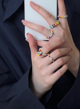 纯银彩虹戒指女s925彩色穿珠小众设计2022新款高级感笑脸银珠指环