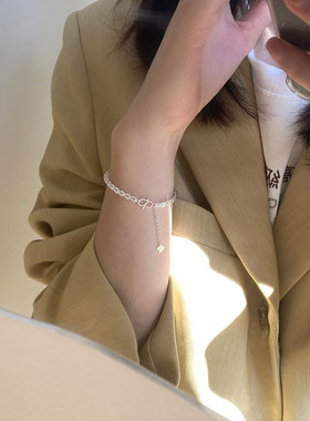 纯银意大利裸连设计手链女亮银色简约满天星链通体925银手环百搭