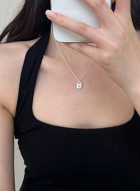 s925纯银爱心锁头项链女不规则纹理蓝色锆石毛衣链2022新款锁骨链