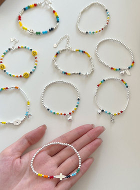 s925纯银彩虹笑脸手链弹力绳甜美可爱彩色小熊爱心手串小众设计款
