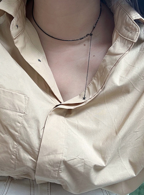 925纯银黑色满天星项链女百搭甜酷碎银子颈链抽拉式可调节锁骨链