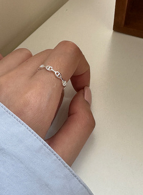 纯银猪鼻链条镂空戒指女欧美简约经典时尚款小众设计开口设计指环