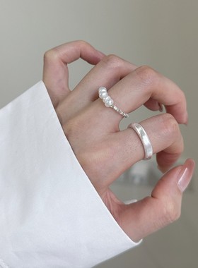 碎银子珍珠戒指s925通体纯银组合叠戴拉丝曲面指环简约百搭气质款