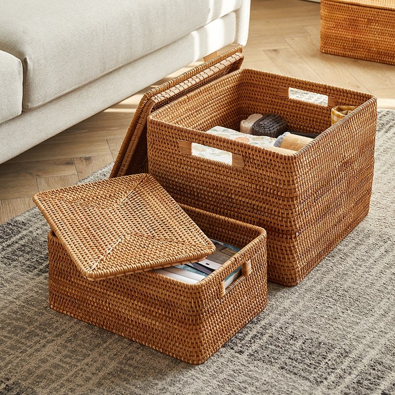 越南秋藤家用藤编收纳筐杂物玩具带盖整理箱竹编蓝抽屉式脏衣篮篓,淘宝优惠券,粉丝福利购,淘宝优惠卷