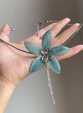 清冷感雾霾镂空编织花朵流苏项链