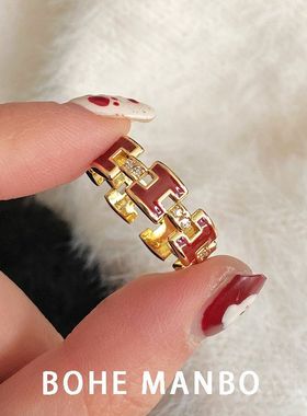 复古安可拉红滴釉H字母开口戒轻奢高级感微镶食指戒新年红色戒指