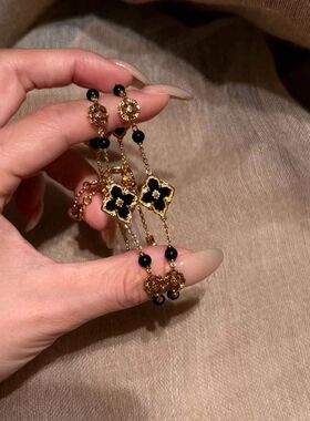 复古vintage黑金配色花朵手链女2026新款中古风小众黑色珐琅手饰