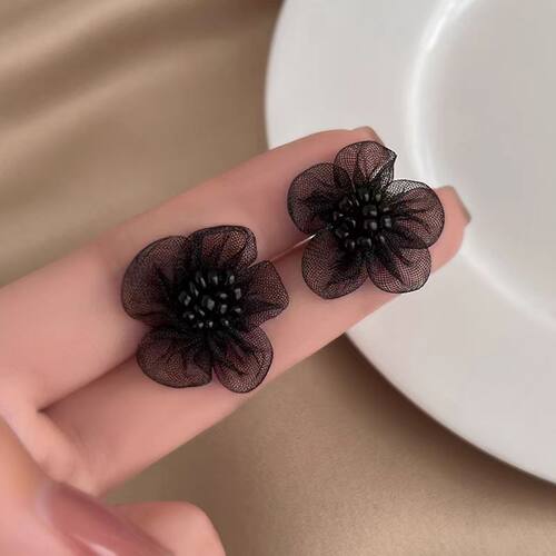 黑色花朵耳环女2025新款爆款小众设计感高级耳钉独特大气耳饰 - 图1