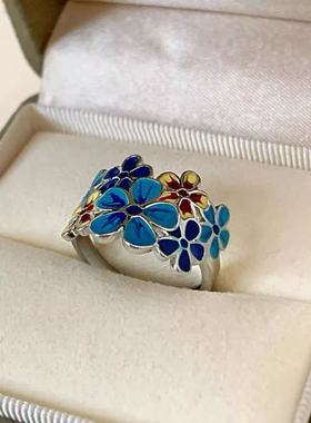 新款蓝珐琅繁花似锦戒指女大气复古民族风开口可调节创意食指