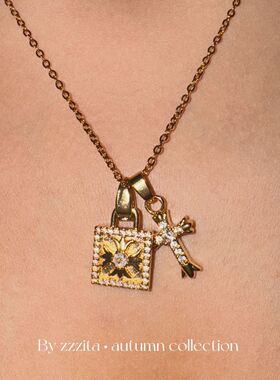 Holly同款~欧美锁扣方块十字架小众设计感项链百搭ins锁骨链