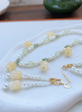 风晚林原创新中式国风天然石岫玉鹅黄旗袍汉服软璎珞项链耳环套装