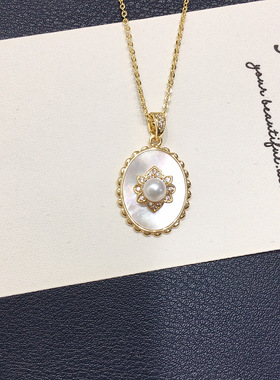 精工款6A级极光天然淡水珍珠项链复古椭圆白蝶贝壳珍珠吊坠