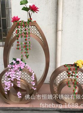 不锈钢花器插花镂空花器 玫瑰金镀色304不锈钢花箱花钵