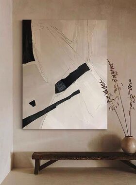 玄关手绘油画侘寂风客厅立体挂画民宿黑白装饰画高级灰抽象肌理画