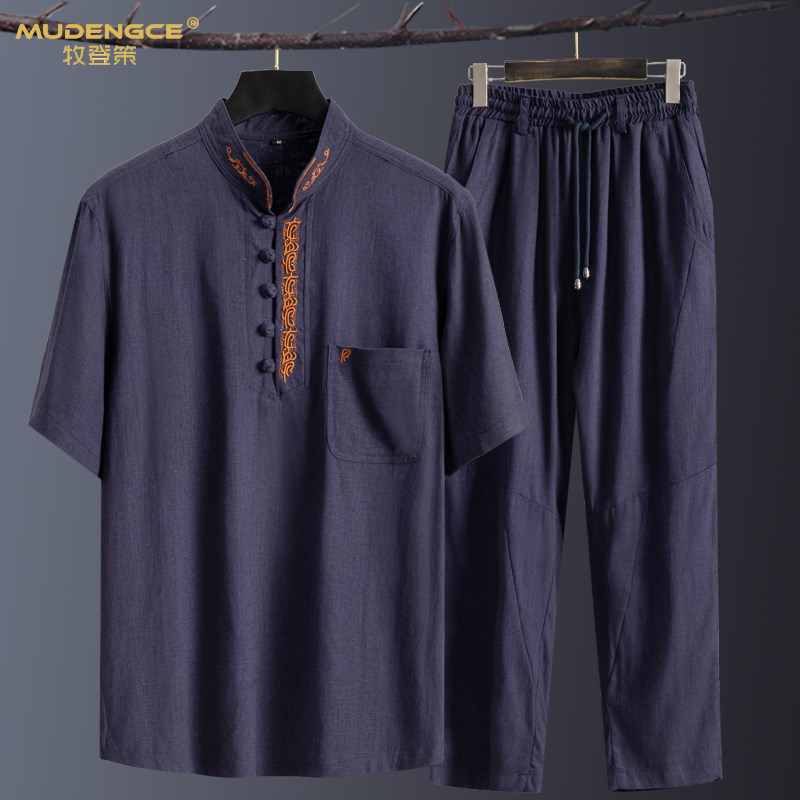 唐装男装中国风棉麻爸爸短袖体恤 牧登策唐装