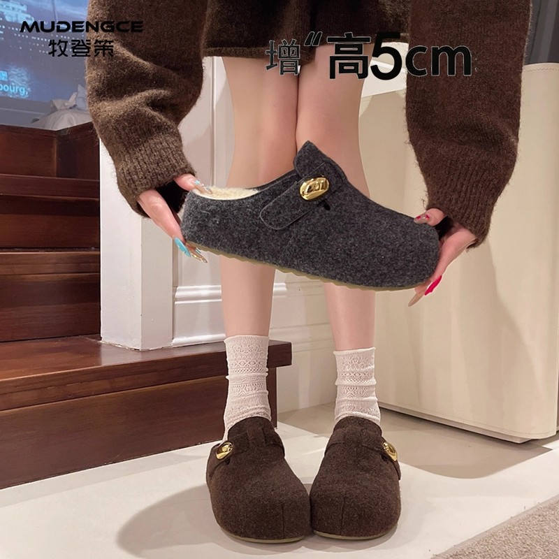 豆豆灰色包头半拖鞋女新款加绒轻便勃肯鞋毛绒复古风一脚蹬棉鞋,淘宝优惠券,粉丝福利购,淘宝优惠卷