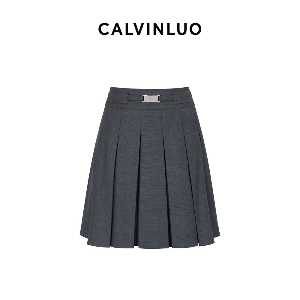 CALVINLUO 腰带装饰休闲百搭百褶裙半身裙 25SS新品 灰色/卡其 - 图3