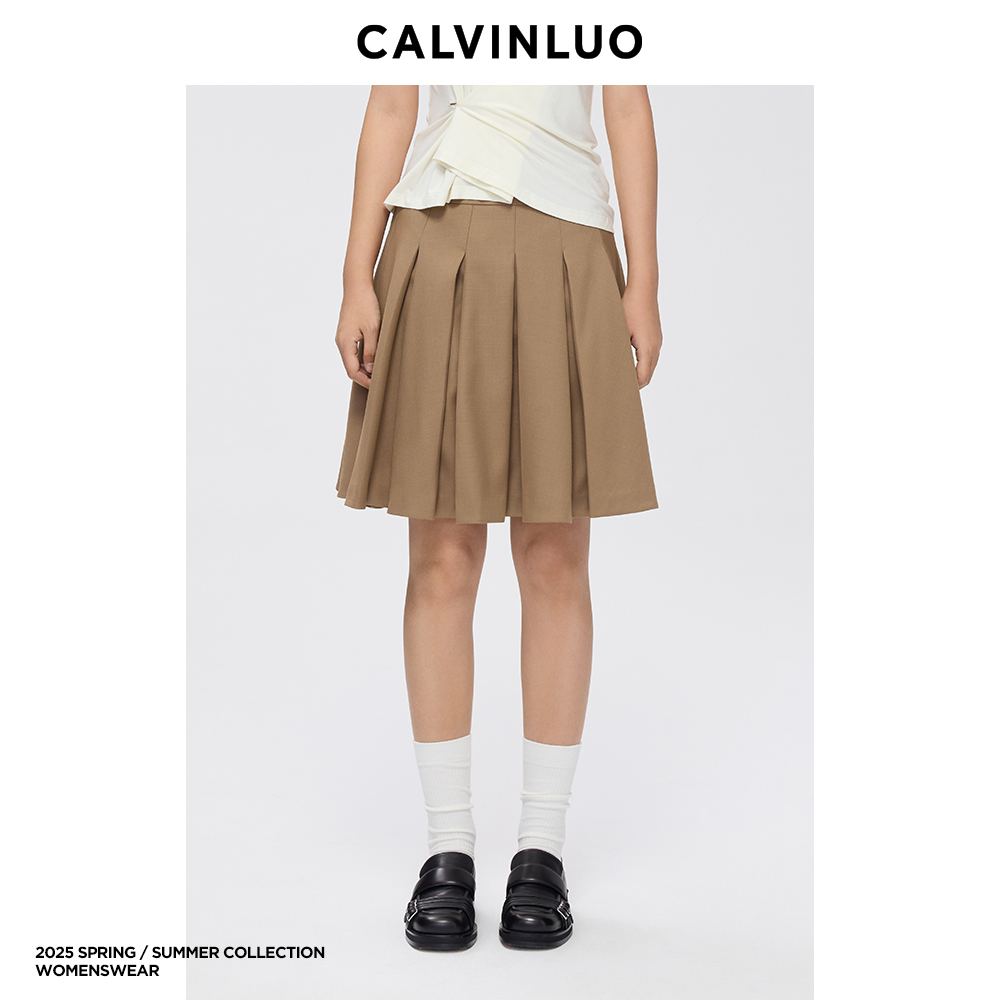 CALVINLUO 腰带装饰休闲百搭百褶裙半身裙 25SS新品 灰色/卡其 - 图1