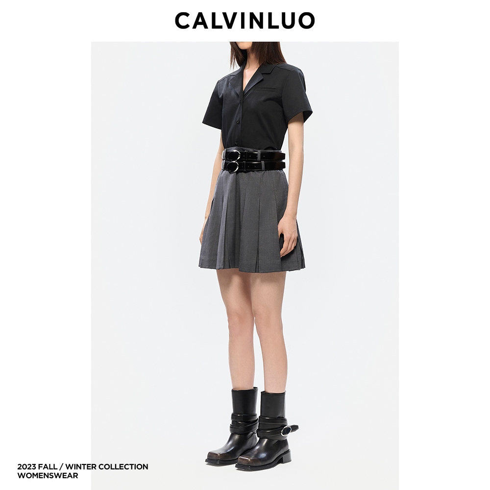 CALVINLUO 拼接百褶衬衫连衣裙 23秋冬 新品  卡其/黑/深灰色