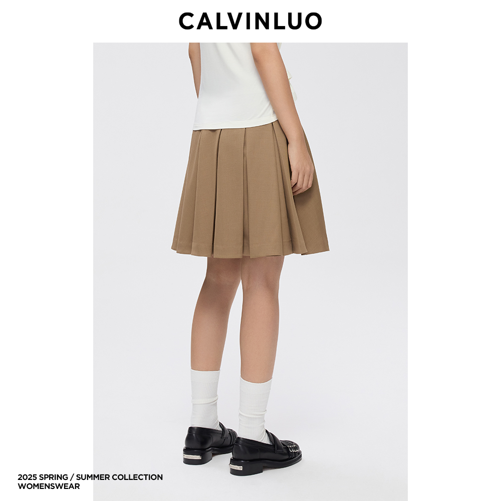 CALVINLUO 腰带装饰休闲百搭百褶裙半身裙 25SS新品 灰色/卡其 - 图2