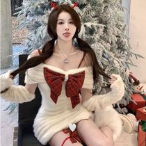 Pure Desire for Sexy Milk White Butterfly Knot Hot girl Swarm up knitted one-piece dress Skirt Woman Autumn Winter Cute Christmas Dresses Slim