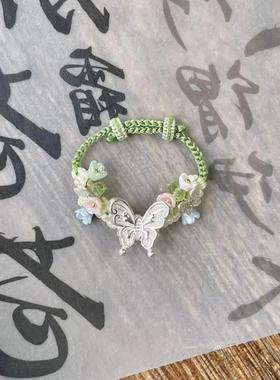 手工编织蝴蝶戒指小众设计感古风珍珠素圈精致中式桃花结创意礼物