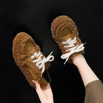 European Standing Lamb Wool Plus Suede Warm Cotton Shoes Women Autumn Winter New Flat Gross Wool Shoes Outwear Lace-up Casual Shoes