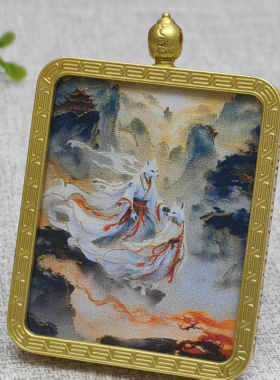 半手绘描金金色唐卡吊坠佛家道家