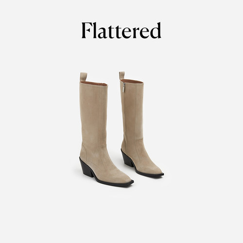 Flattered Carla女士麂皮方头长筒靴复古粗跟西部牛仔靴手工靴子 - 图1