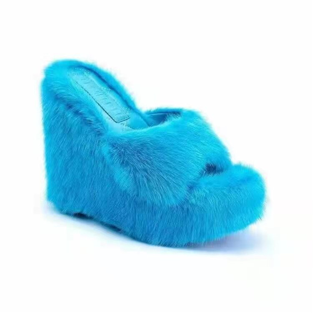 时尚坡跟毛毛拖鞋women wedge heels slippers ladies sandals 43 - 图1